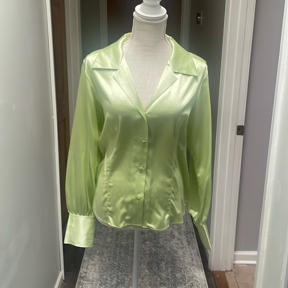 Satin Button-Front Blouse - Light Green